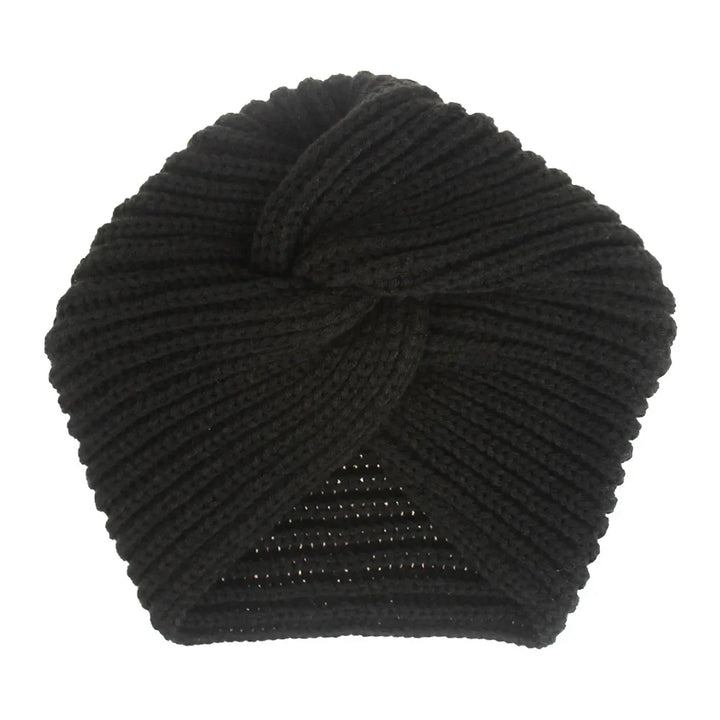 Black knitted turban-style beanie hat with twisted front design