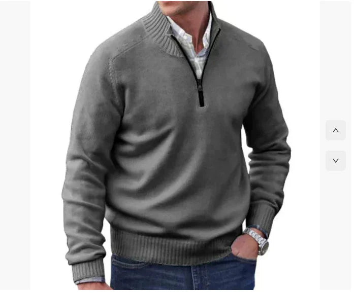 Man wearing gray quarter-zip sweater with ribbed collar and cuffs, paired with blue jeans
