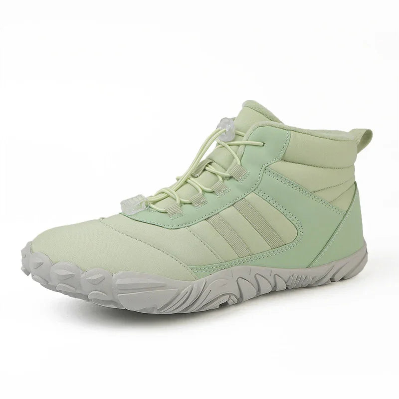 Light green high-top sneaker with textured sole and toggle laces on white background