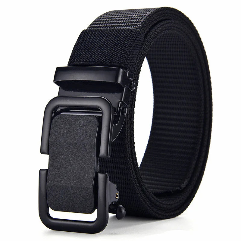 Black tactical nylon belt with durable black metal quick-release buckle