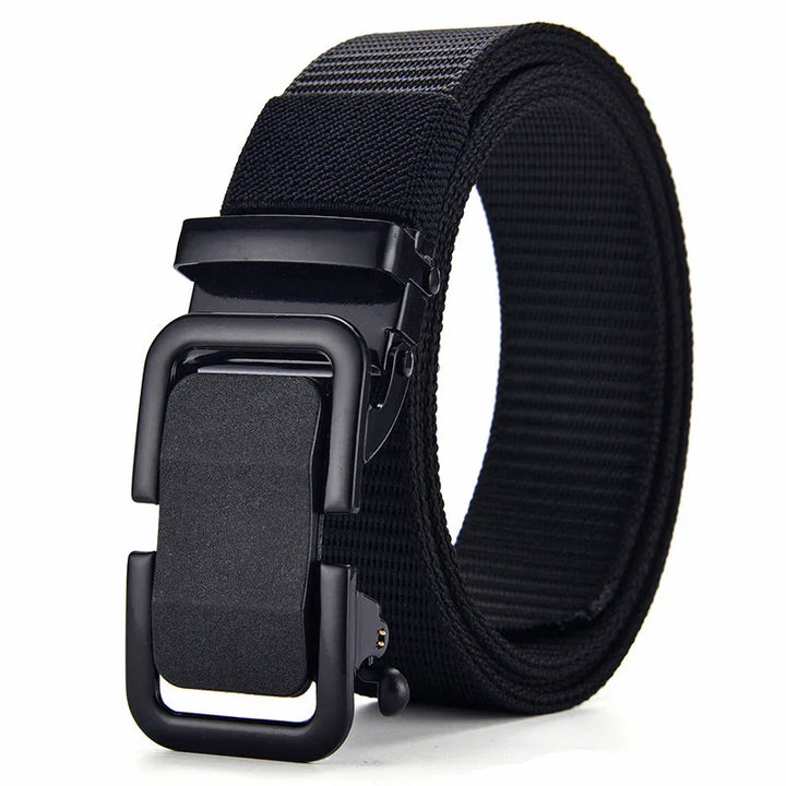 Black tactical nylon belt with durable black metal quick-release buckle