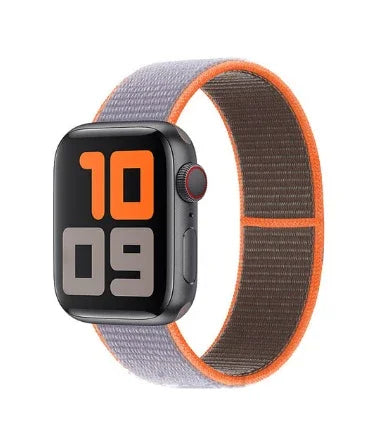 Smartwatch with black case and vibrant digital display, featuring gray and orange woven nylon sport loop band
