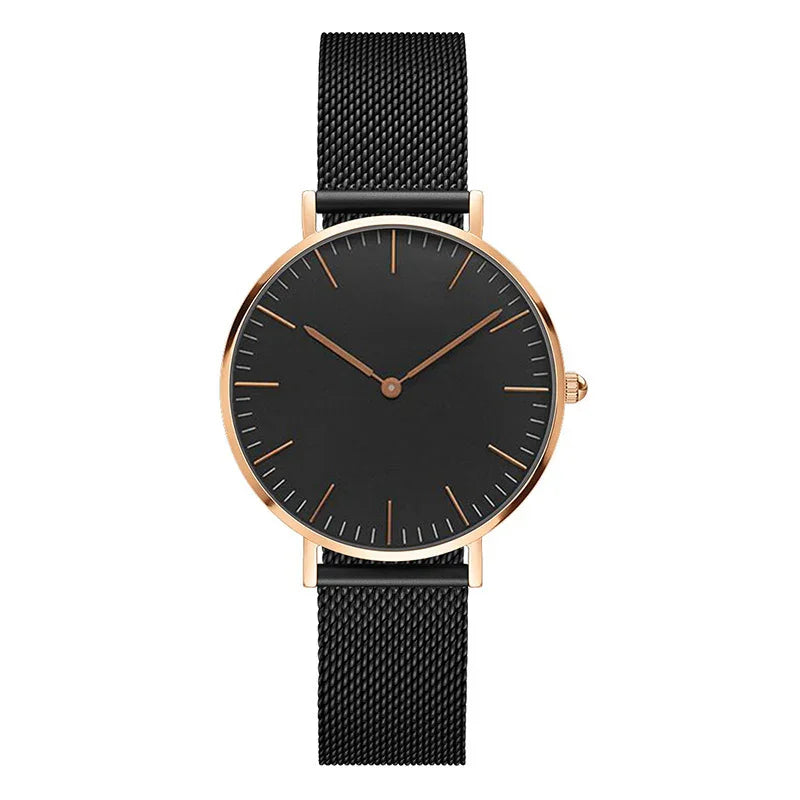 Minimalist black dial wristwatch with rose gold case and black mesh strap