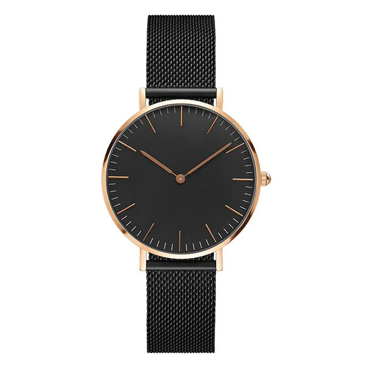 Minimalist black dial wristwatch with rose gold case and black mesh strap