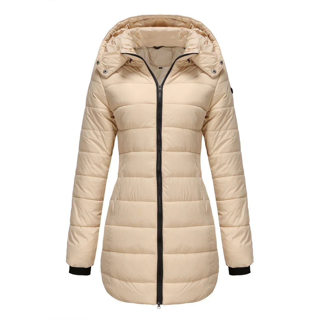 Beige women's long puffer jacket with hood and black zipper on white background