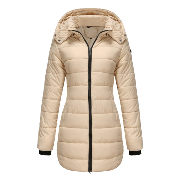 Beige women's long puffer jacket with hood and black zipper on white background