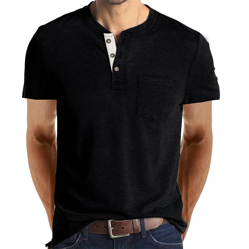 Men's black henley t-shirt with short sleeves, front pocket, and contrasting button placket