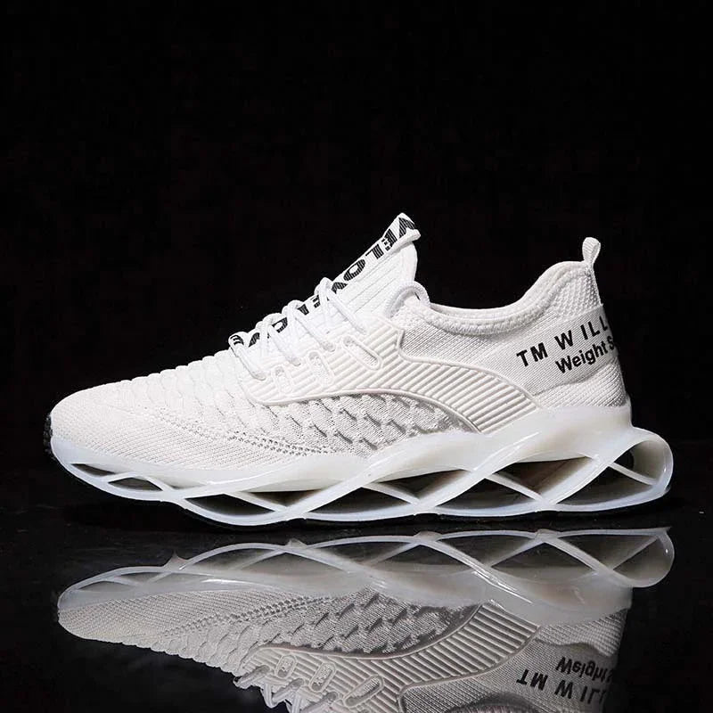 White lightweight running shoe with breathable knit upper and futuristic lattice sole design