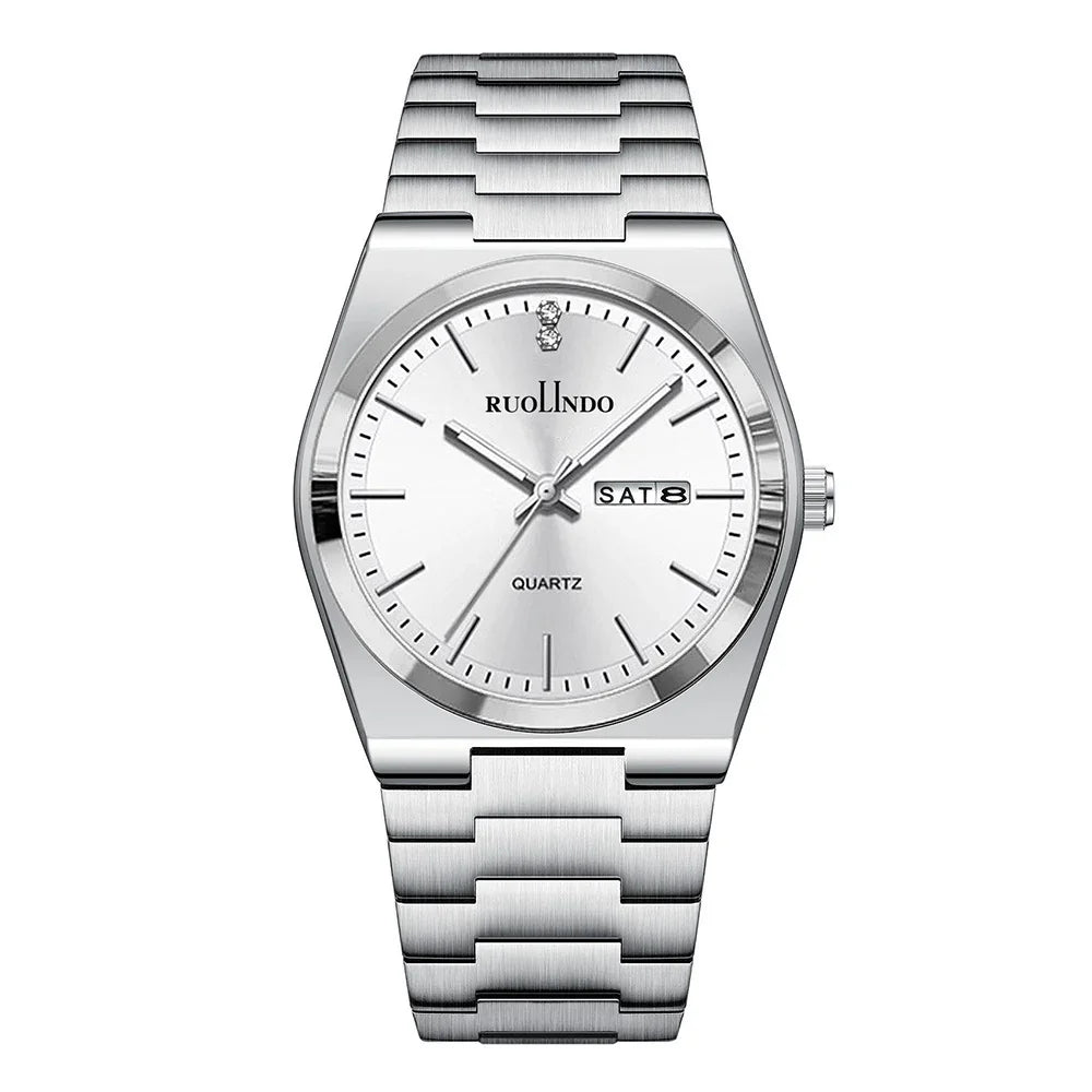 Silver RUOLINDO quartz wristwatch with stainless steel band and day-date display
