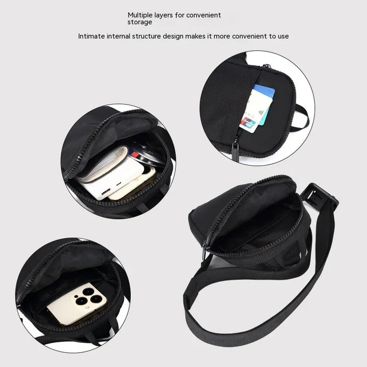 black compact crossbody bag with multiple zippered layers holding smartphone, cards, and small items