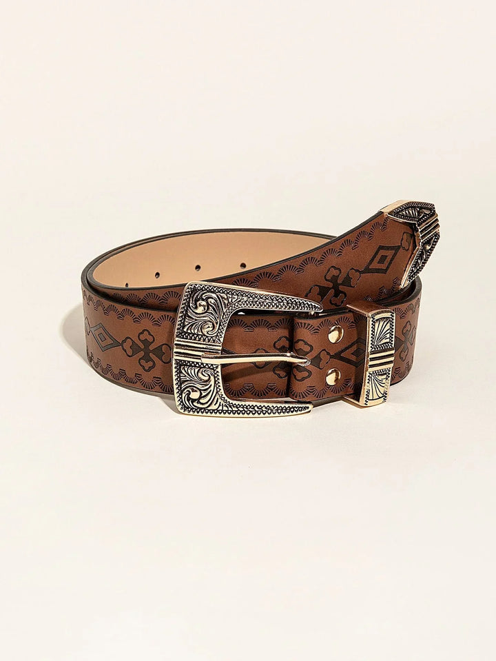 Brown leather belt with embossed geometric patterns and ornate silver buckle
