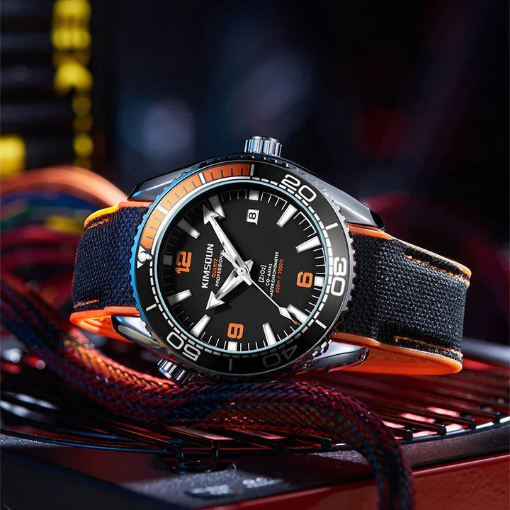 Kimsoun professional automatic wristwatch with black dial, orange accents, and black fabric strap on colorful cables
