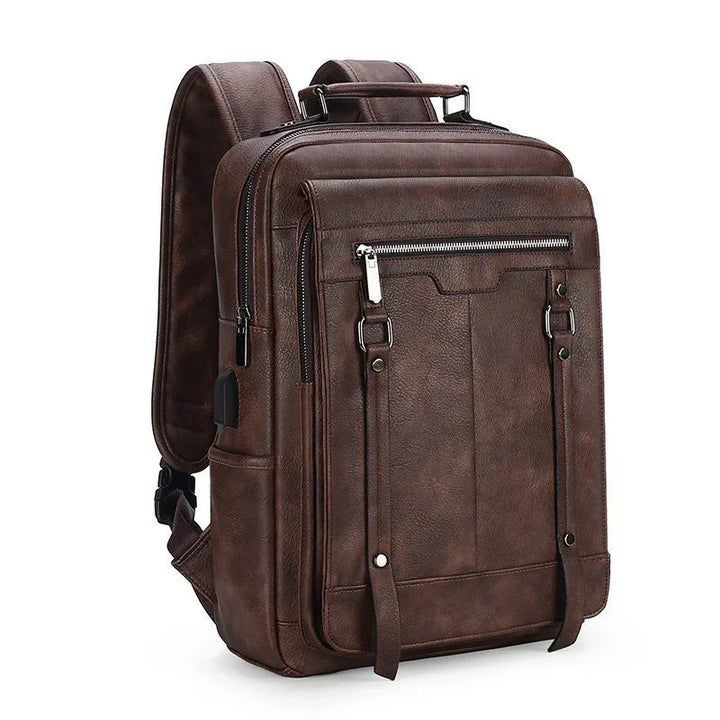 brown leather backpack with zippered front pocket and adjustable shoulder straps