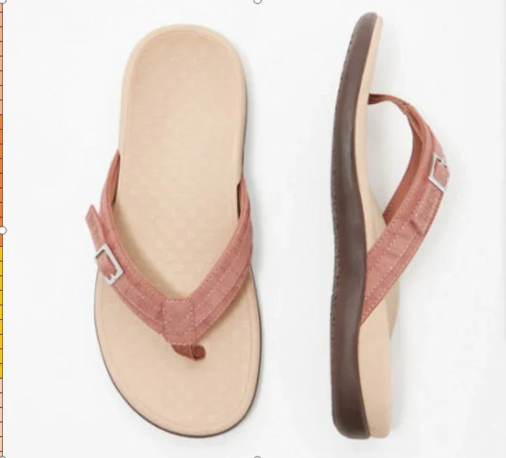 Beige and brown flip-flop sandals with adjustable pink straps and cushioned soles
