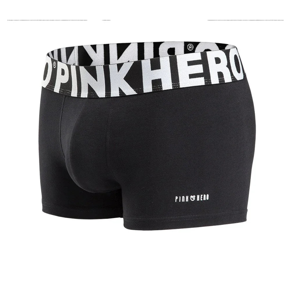Black men's boxer briefs with bold white Pink Hero waistband and small Pink Hero logo