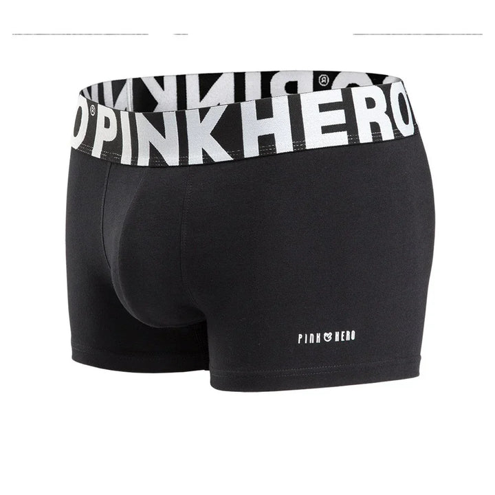 Black men's boxer briefs with bold white Pink Hero waistband and small Pink Hero logo