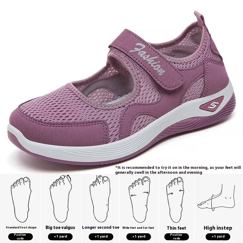 Purple women's sporty mesh sneaker with Velcro strap labeled Fashion, supportive sole