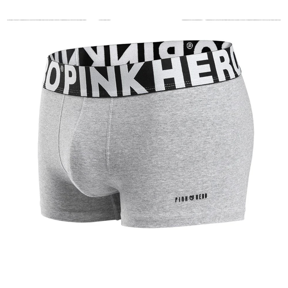 Gray men's boxer briefs with black waistband and bold white PINK HERO logo