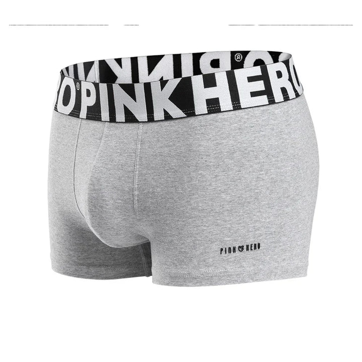 Gray men's boxer briefs with black waistband and bold white PINK HERO logo