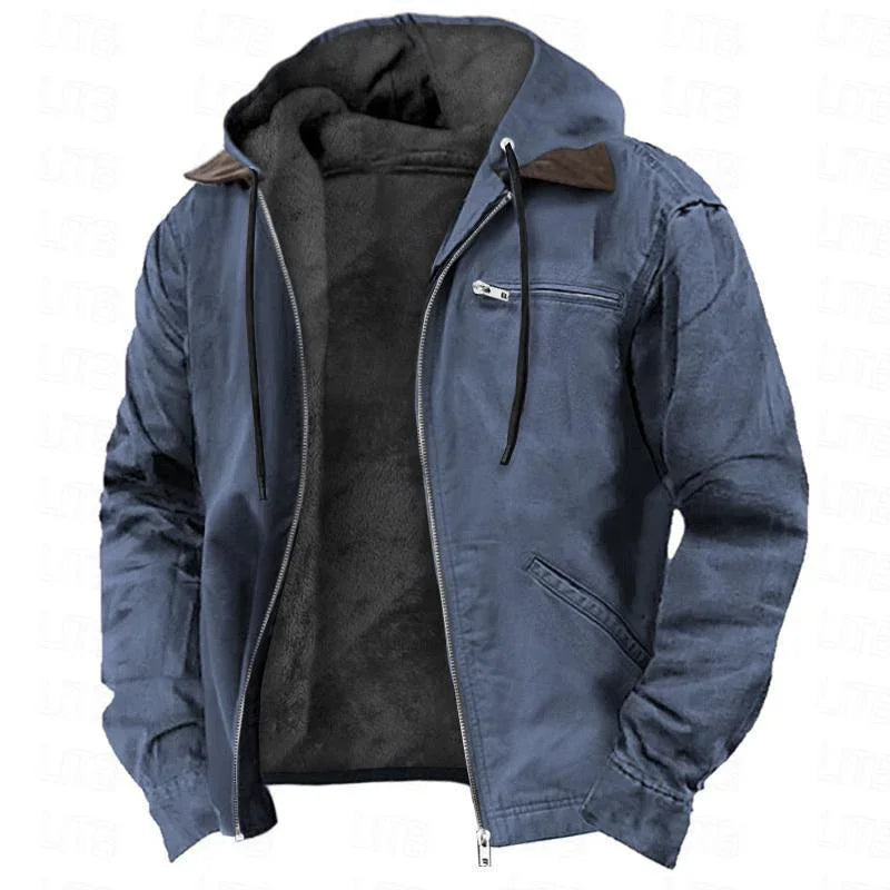 blue zip-up jacket with soft black fur lining and hood with drawstrings