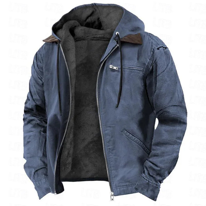blue zip-up jacket with soft black fur lining and hood with drawstrings