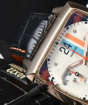 Close-up of NIRCHA 24-hour wristwatch with black leather strap and silver square case