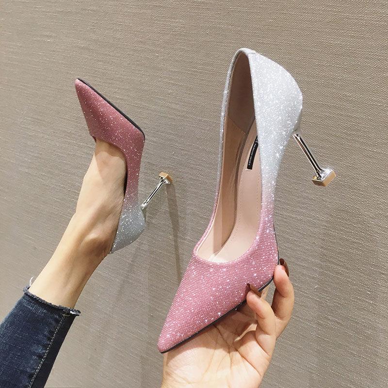 Glitter gradient pink and white stiletto heels with unique silver geometric heels