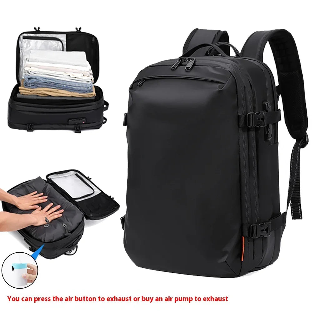 Black compression travel backpack with multiple compartments and air valve for space-saving packing
