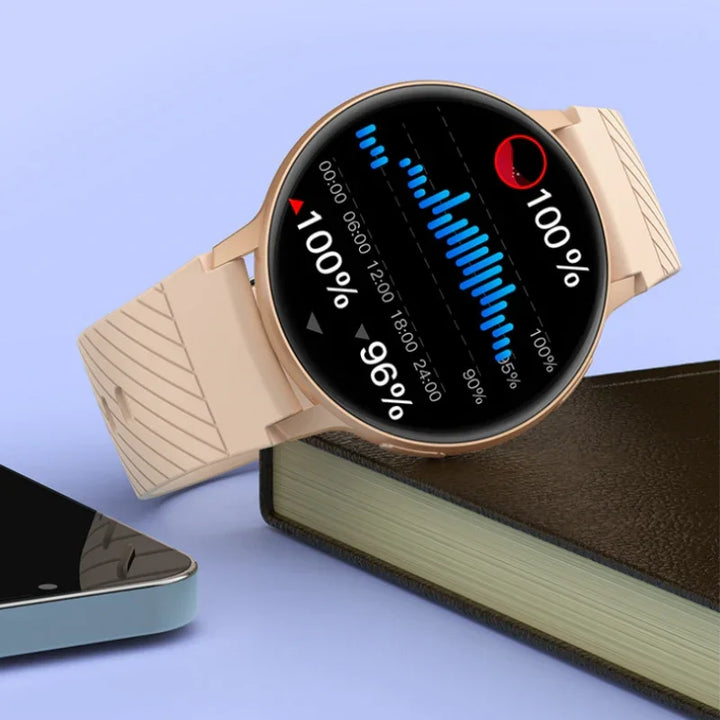 Modern beige smartwatch displaying 100% battery and health stats next to smartphone and book