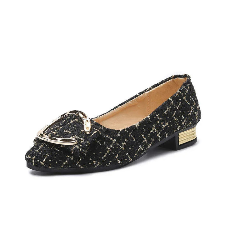 Black tweed flat shoe with gold buckle detail and low gold-accented heel