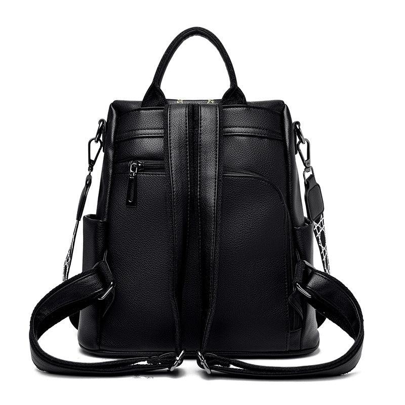 Black leather backpack with adjustable straps, top handle, side pockets, and zippered compartments