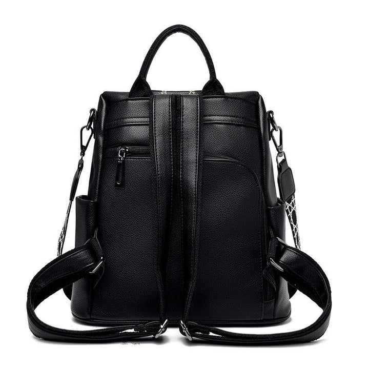 Black leather backpack with adjustable straps, top handle, side pockets, and zippered compartments