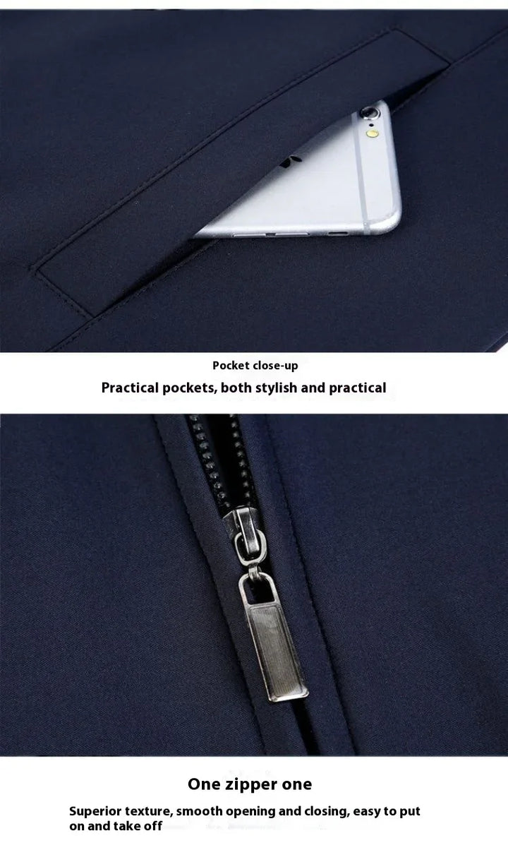 Close-up of navy jacket pocket holding a silver smartphone and a metal zipper detail