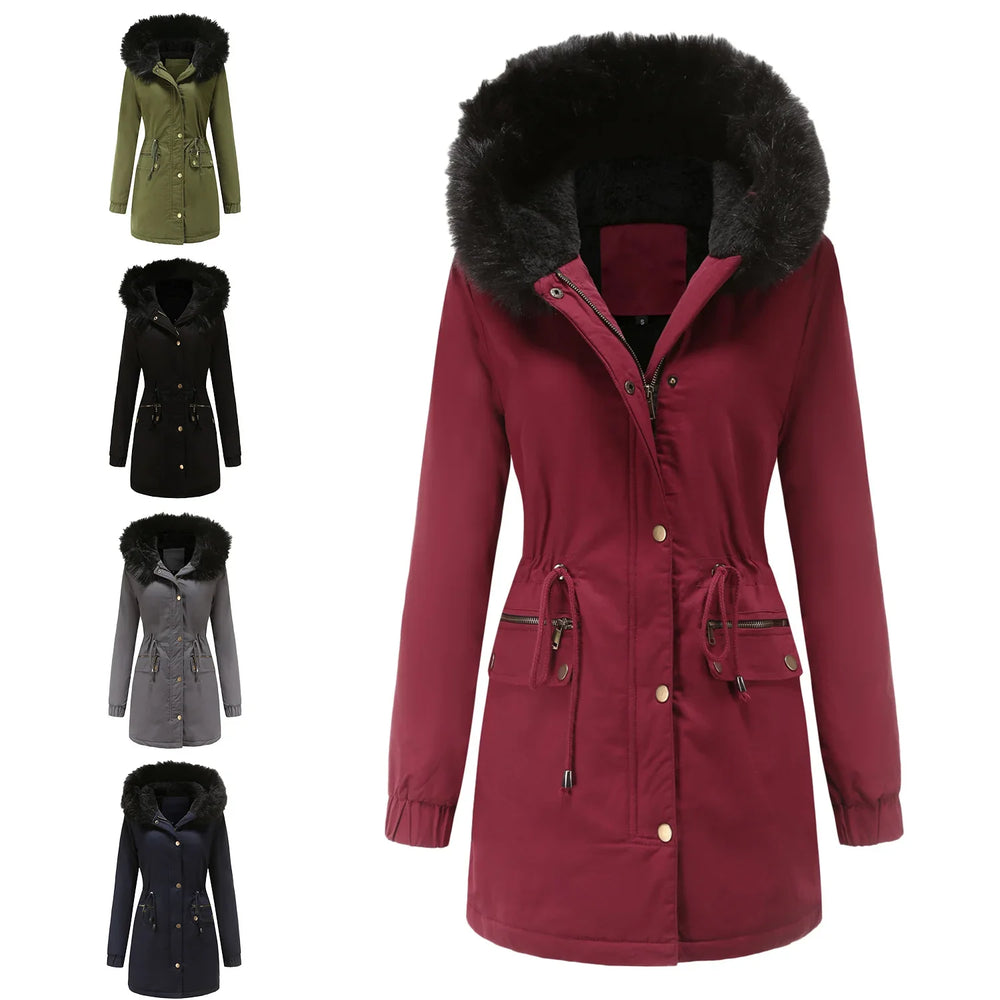 Women's winter parka coat with faux fur hood in burgundy, olive, black, gray, and navy colors