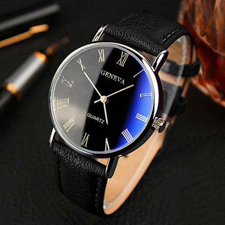 Geneva quartz wristwatch with black leather strap and Roman numeral dial on black surface