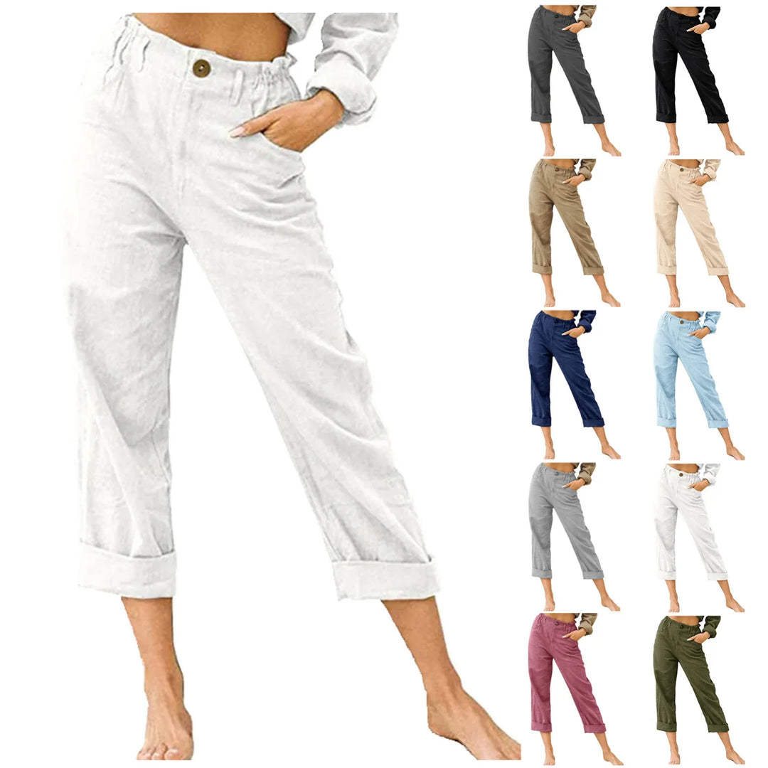 Women's casual rolled cuff pants in multiple colors including white, black, navy, beige, gray, pink, and olive green
