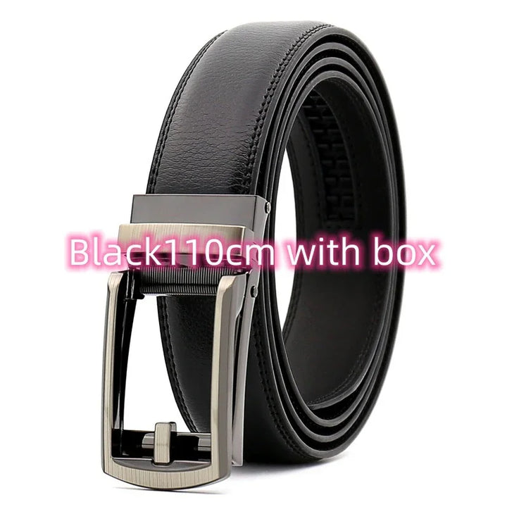 Black 110cm leather belt with silver automatic buckle, stylish men's accessory