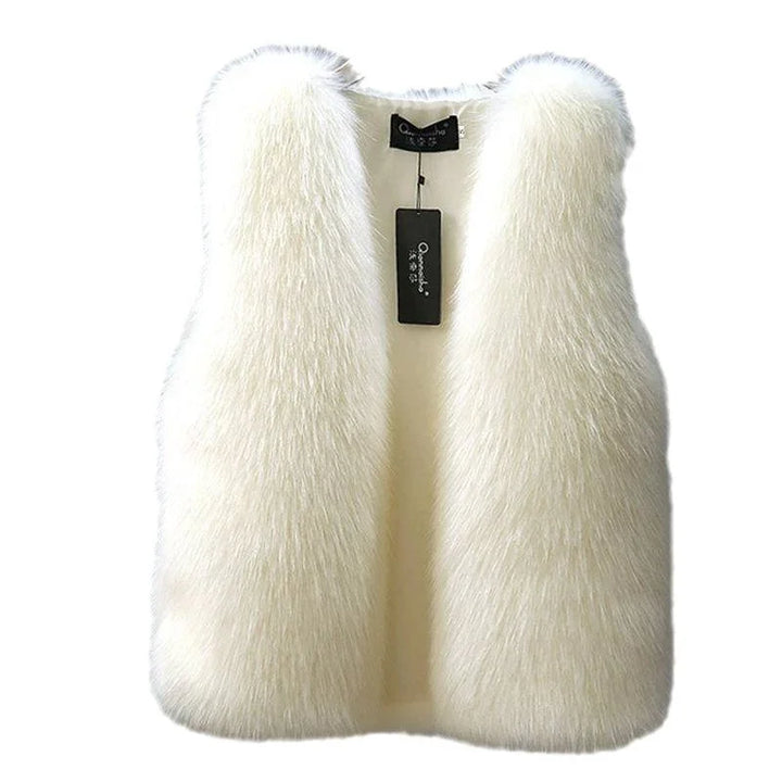 White faux fur sleeveless vest with black brand tag, soft fluffy texture