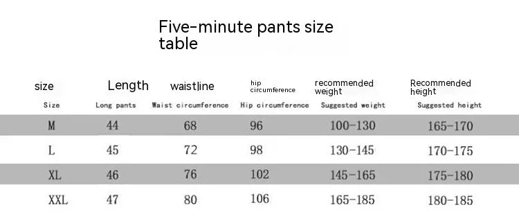 Five-minute pants size chart with measurements for M, L, XL, XXL including waist, hip, length, weight, and height