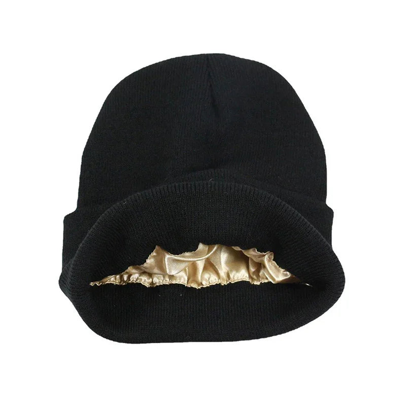 black knit beanie hat with shiny beige satin lining inside