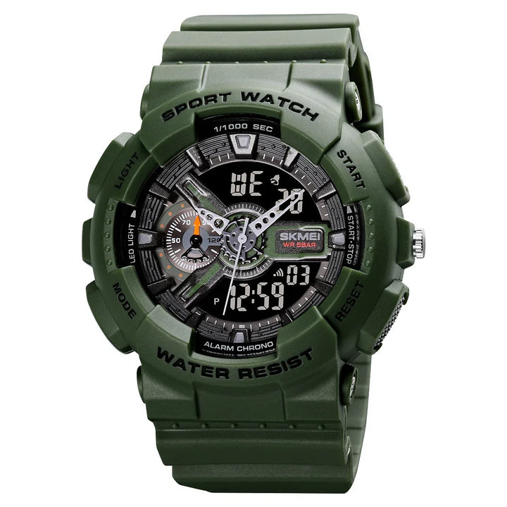 Green SKMEI digital sport watch with water resistance, alarm, LED light, and stopwatch features
