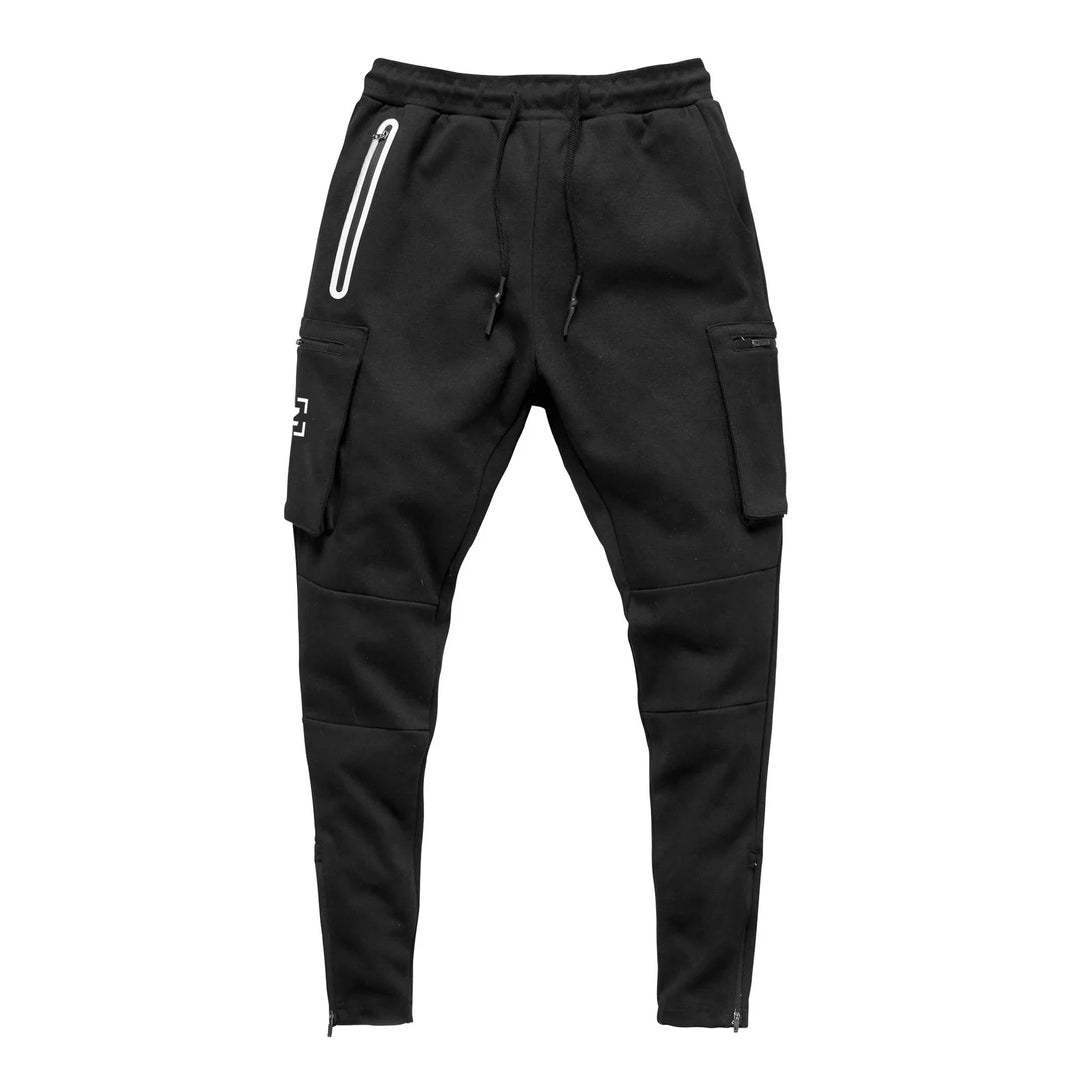 Black slim fit jogger pants with zipper pockets and drawstring waistband