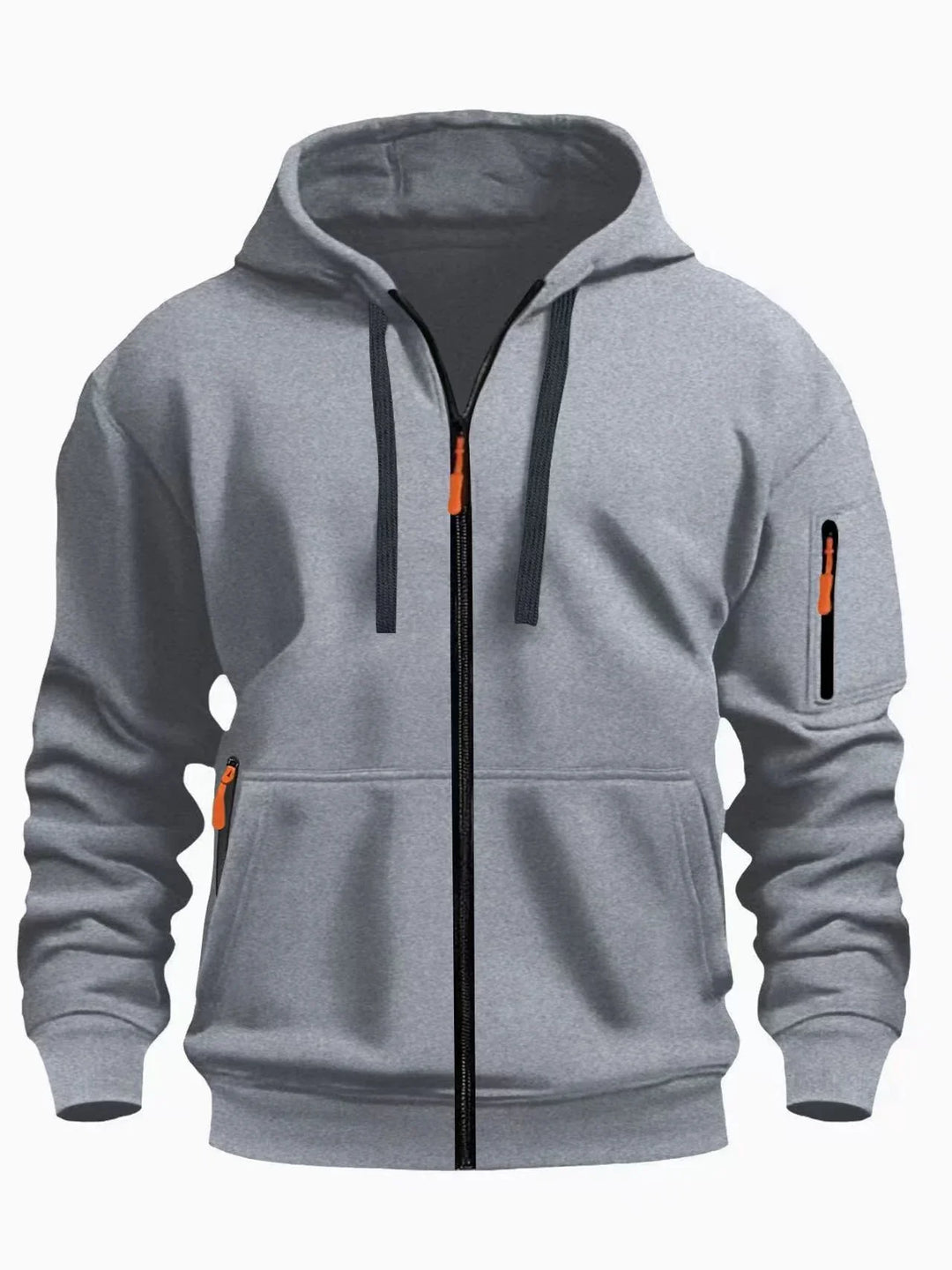 Gray zip-up hooded sweatshirt with black drawstrings and orange zipper pulls on pockets and sleeve