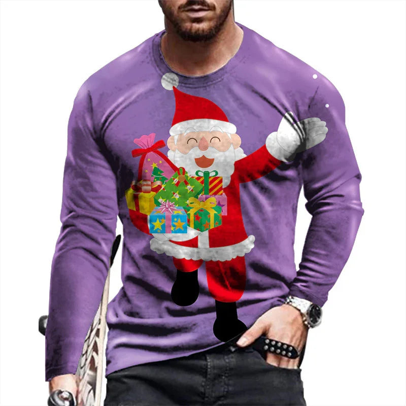 Man wearing purple long sleeve shirt with smiling Santa Claus holding colorful Christmas presents graphic