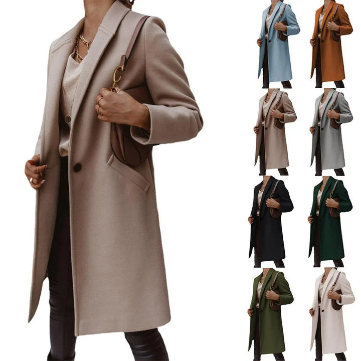 Woman wearing beige long wool coat with side pockets and shoulder bag, shown in eight color options