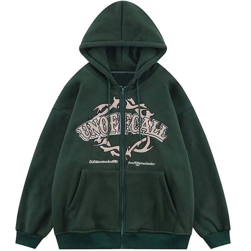 Dark green zip-up hoodie with hood and front pockets, featuring beige tribal design and 'UNOFFICIAL' text