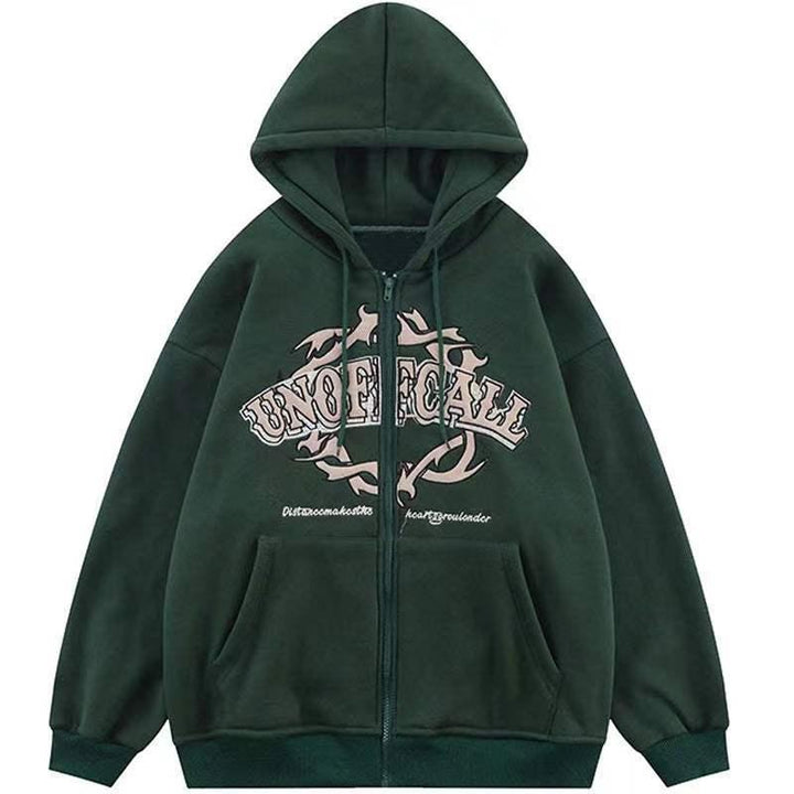 Dark green zip-up hoodie with hood and front pockets, featuring beige tribal design and 'UNOFFICIAL' text