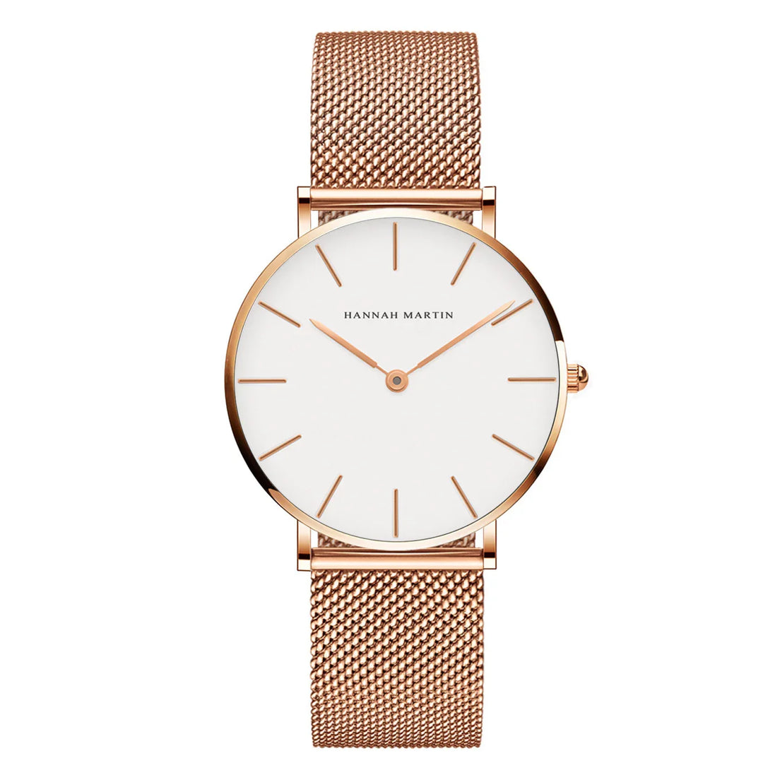 Hannah Martin rose gold mesh strap wristwatch with minimalist white dial and rose gold markers