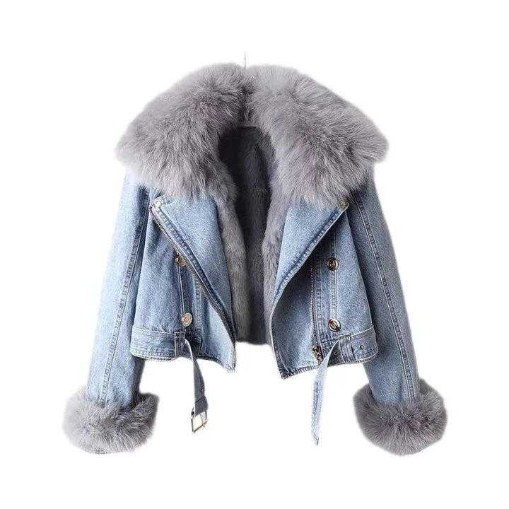Light blue denim jacket with gray faux fur collar and cuffs, front zipper and buttons