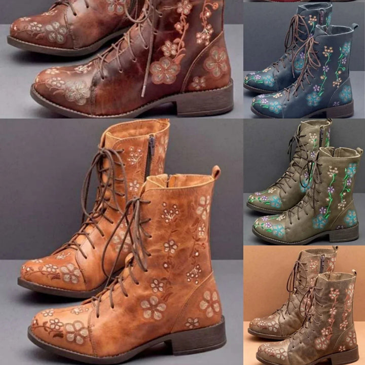 Collection of stylish lace-up ankle boots in brown, tan, blue, green, and grey with floral embroidery